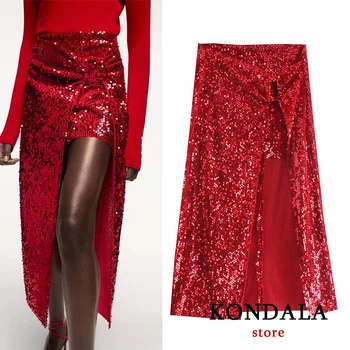 KONDALA Za 2022 Vintage Červená Sequined Sexy Party Midi Sukne Ženy Vysoký Pás Predné Split Sukne, Elegantné Mujer Faldas