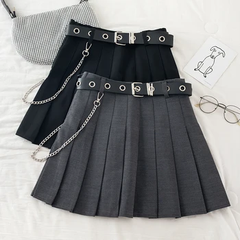 Čierna Skladaná Sukňa S Reťazca-Pás Punk Rock Girl Cheerleading-Belted Mini Sukne Alt Ženy e-dievča Oblečenie