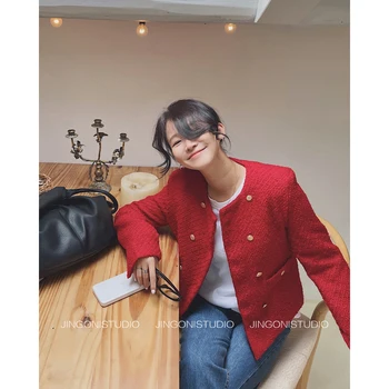 2022 Zimné Ženy Červená Výkopu Vlnené Kabáty Tweed Krátke Bundy Blejzre Pršiplášť Za Originálneho Kórejského Módne Y2k Šaty, Kabát Parkas