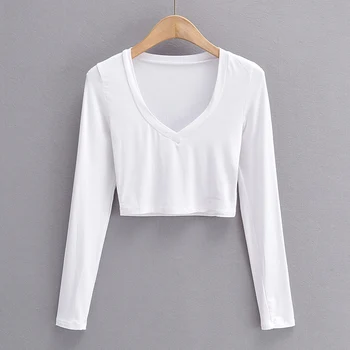 Kórejský módne orezané t shirt ženy sexy dlhý rukáv plodín top biela bežné topy ženy v krku topy bežné tshirts čierna