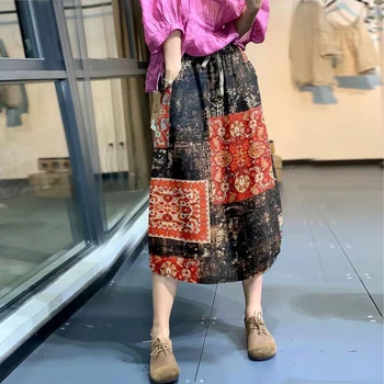 Dasswei Vintage Elastické Vysoký Pás Retro Skladaný Bavlna Dlhé Sukne Pre Ženy 2022 Jar Leto Midi Sukne Femme Elegantné Sukne