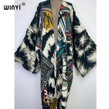2022 Amerike WINYI jeseň zima Ženy elegantný Retro tlač Vintage Dlhé Šaty Elegantné Celý Rukáv Bežné teplý kabát kimono