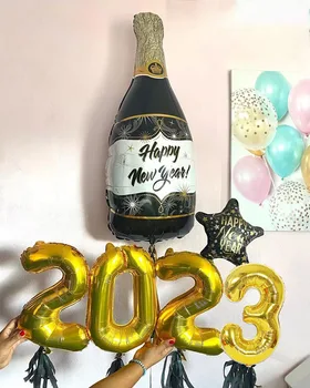 Šťastný Nový Rok 2023 List Číslo Balóny Osláviť Nový Rok Prípade Strany Pozadie Banner Fľaša Vína Star Fólie Hélium Balón