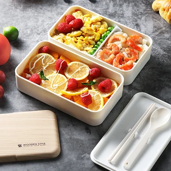 Mikrovlnná Dvojvrstvové Lunch Box Drevené Štýl Bento Box Prenosný Kontajner Box BPA Free