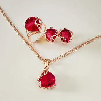 Nové Luxusné Svadobné Šperky Set 585 Zlatá Farba Šperky, Módne Srdce Červené Kubický Zirkón Svadobný Náhrdelník+Náušnice+ Krúžok Šperky Sady