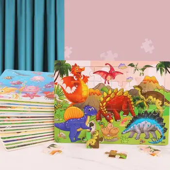 30Pcs Drevené Skladačky Puzzle Detí, Zvierat, Dinosaurov Cartoon Puzzle Dieťa Raného Vzdelávania a Duševného stavebným Hračky