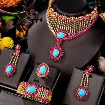 GODKI Nové Trendy SAE 4PCS Reálne Coral Pink DUBAJ Šperky Set Pre Ženy, Svadobné Party Zirkón Crystal Indickej Neckalce Náušnice
