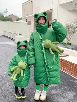 Rodič-dieťa Nadol Bunda Zimná Dlhé Tri Rodiny s Kapucňou Žaba detské Oblečenie Cartoon Kabát Matka a Dcéra Oblečenie