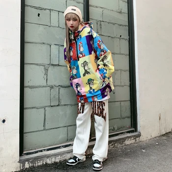 Farebné Anime Puffer Kapucňou Bundy pre Ženy Módne Trendy Ležérne Oblečenie Dievčat Nadrozmerné Streetwear Pulóver Coats