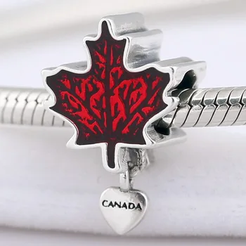 Nové 925 Sterling Silver Kúzlo Červený Javorový List S Canade Láska Srdce Prívesok Perličiek Fit Originálny Náramok, Náhrdelník DIY Šperky