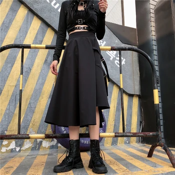 Vysoký Pás Uvoľnený A-line Cargo Sukne Bočné Vrecko Nepravidelný Midi Dlhej Čiernej Sukni kórejský Hip Hop Streetwear Harajuku Nadrozmerná