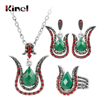 Kinel Turecko Šperky, Módne Súpravy Strieborná Farba Ženy Retro Zelený Náhrdelník Prívesok Náušnice Ružový Kryštál Krúžok Šperky Set