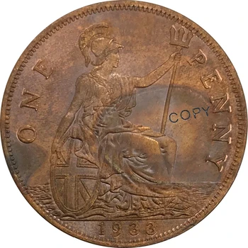 1933 Spojené Kráľovstvo 1 Cent Červená Meď zberateľstvo Kópiu Mince