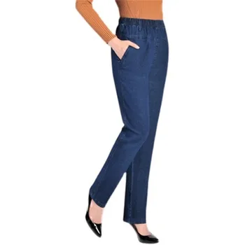 Elastický pás voľné vysoký pás plus velvet hrubé plus veľkosť jeans v strednom veku úsek priamo na jeseň zima bavlnené nohavice T111