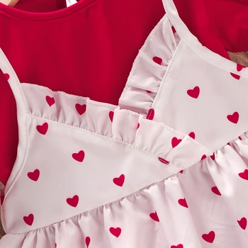 Deti, Dievčatá Šaty Nastaviť Krátkym Rukávom Crew Neck T-shirt s Srdca Tlače Slip Šaty Sweety Dievčatá Valentines Dní Oblečenie