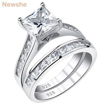 Newshe 2 Kusy Klasický Svadobný Prsteň pre Ženy 7*7mm Princezná Rez AAAAA Zirkón 925 Sterling Silver Šperky, Zásnubné Prstene
