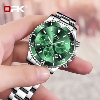 OPK Luxusné pánske Hodinky Klasické Zelené Pôvodné Quartz Hodinky pre Človeka Nepremokavé Nehrdzavejúcej Ocele Rotačné Vytáčanie Náramkové hodinky Dátum