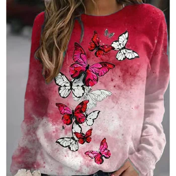 2022 Nový Butterfly Lady T-shirt 3D Kvetinový Tlač Kolo Krku Košele Bežné Nika Dizajn Dlhý Rukáv Oblečenie Žien Jar Topy