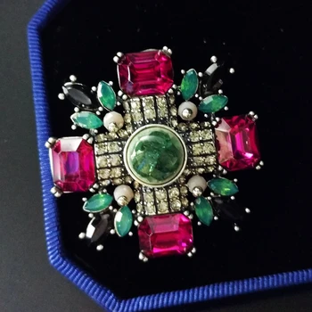 Starožitný Zelená a Ružová Crystal Art Deco Super Star Brošňa Marquise Námestie Kamenné Maltézsky Kríž Broach Kolíky Ženy Elegantné Príslušenstvo