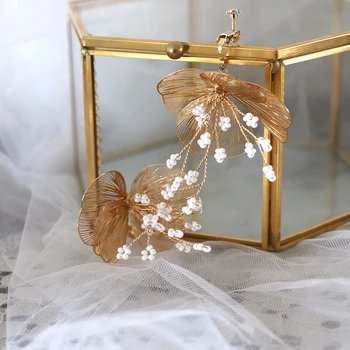 Zlatý Motýľ Handmade Náušnice Pearl Flower Svadobné Svadobné Klip Náušnice Vintage Šperky Pre Nevestu Príslušenstvo