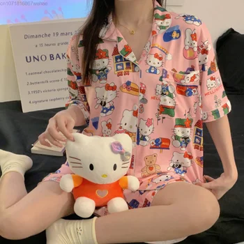 Sanrio Hello Kitty Cartoon Bavlna Krátke Pyžamo Sady Ženy Jeseň Sleepwear Vyhovovali Sladký A Krásne Ženský Odev Domáce Oblečenie