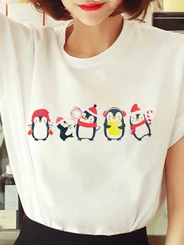 Roztomilé Vianoce Penguin Print Graphic Tee Topy Vianočné Módne Krátky Rukáv Trend Ležérny Štýl T-Shirts Oblečenie Na Nový Rok Darček