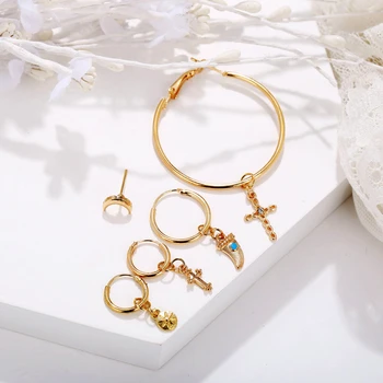 MAE-OE 2020 Novej Boho Zlatá Farba Geometrické Kríž Rohy Sun Moon Crystal Prívesok Mix Náušnice Pre Ženy Vintage Náušnice Šperky