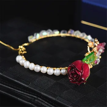 Ruby Drahokam Priehľadný Kryštál Prírodné Perly Perličiek Red Rose Náramok pre Ženy, 14 karátové Zlato Vyplnené Náramok Ručné Luxusné Šperky