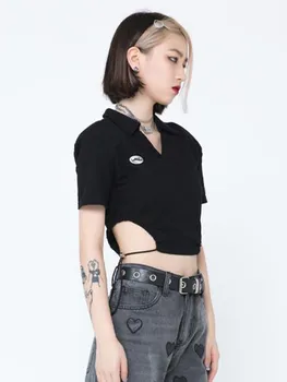Seeslim Streetwear Šnúrkou T Shirt Ženy 2022 Módne Harajuku Krátky Rukáv Plodín Top Y2k 90. rokov Vintage Duté Von Dámske Topy