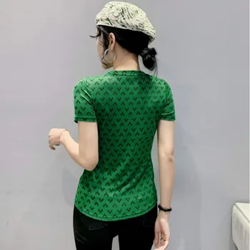 #5179 Sivá Zelená Vytlačené Oka T Shirt Ženy Diamanty Sexy Krátky Rukáv T Shirt Kórejský Módne Chudá Basic Tričko Femme Lete