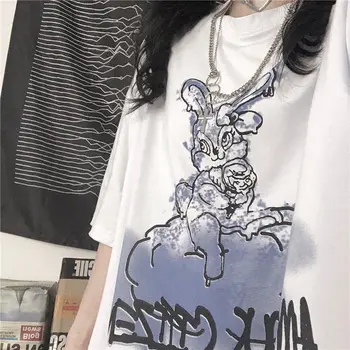 2022 Letné T-shirt Ženy kórejský Harajuku Bunny Tlač Voľné Krátke rukávy T-shirt Žena Ulice, Hip-hop O-krku Bežné Ženské Čaj