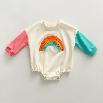 Dieťa Dievča Oblečenie Rainbow Výšivky Baby Girl Kombinézu O-krku Novorodenca Jeden Kus Dlhý Rukáv Dieťa Onesie Pre Dievčatá