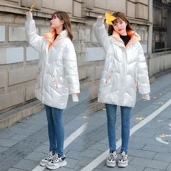 Zimné Oblečenie pre Ženy Bunda Lesklý kórejská Verzia Voľné Dlho Stand-up Golier Bavlna Chlieb Služby