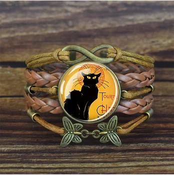 Čierna Mačka Vzor Sklenenou Kupolou Hnedý Kožený Náramok Kúzlo Vintage Náramky pre Ženy Zvierat Šperky Mužov Halloween Darček